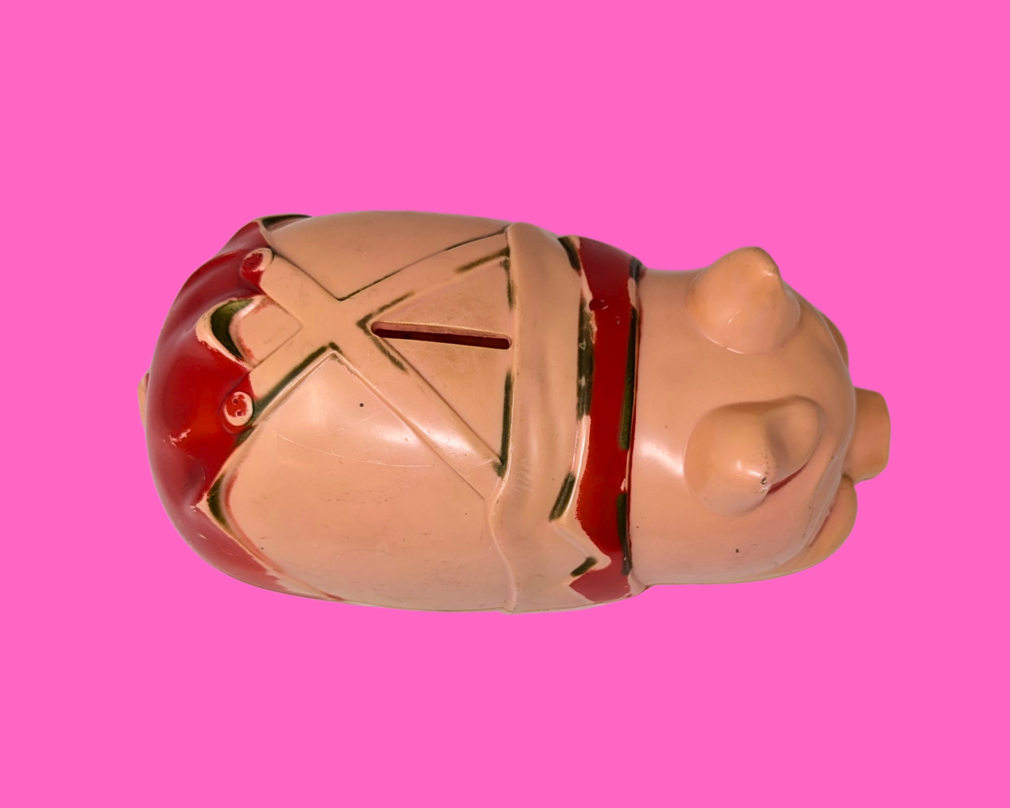 Tirelire vintage en plastique rose des années 1960, sans bouchon
