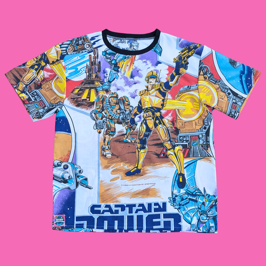 Handmade, Upcycled Captain Power Bedsheet T-Shirt Oversized S-M, Fitted L-XL