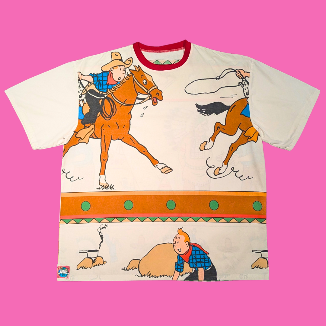 Handmade, Upcycled Tintin Bedsheet T-Shirt Oversized L-XL, Fitted 2XL