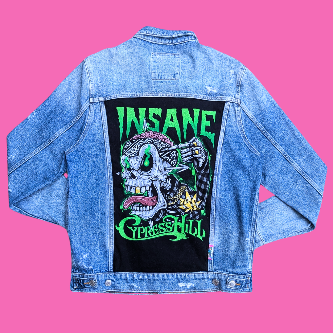 Cypress Hill ''Insane in the Brain'' Upcycled T-Shirt Denim Jacket Size L for Men