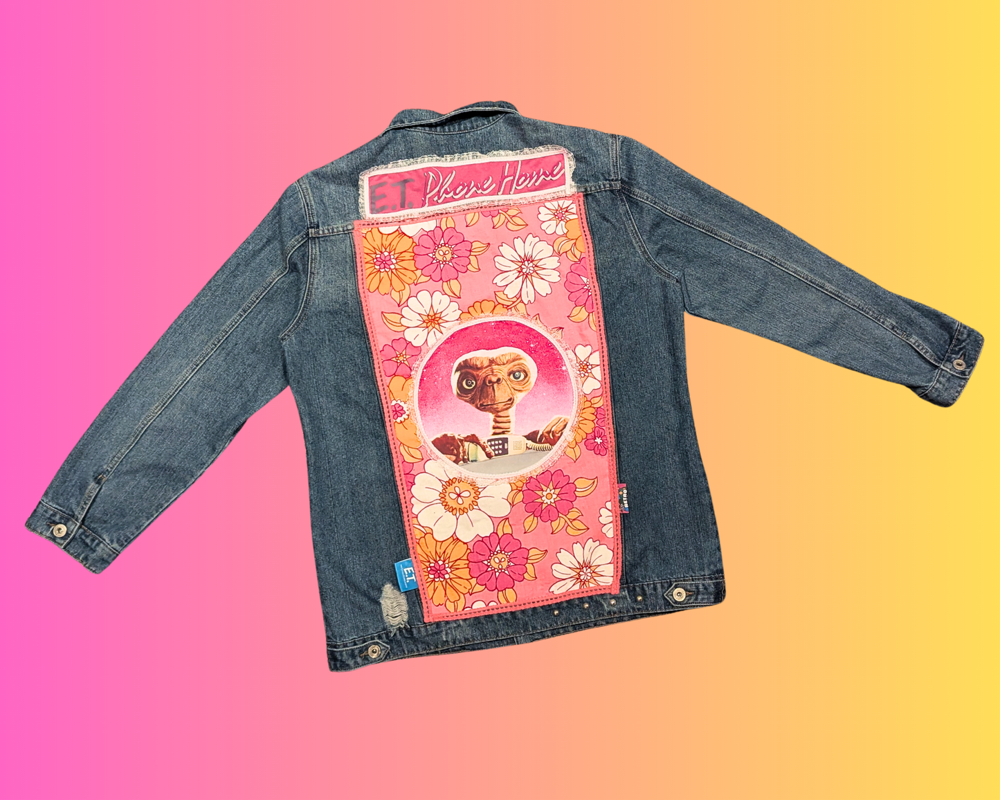 Veste en jean ET l'extraterrestre faite à la main et recyclée, taille XL