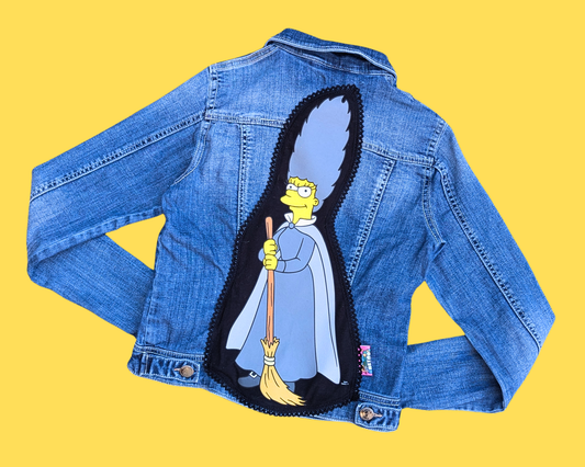 Handmade, Upcycled Madge Simpson The Witch Denim Jacket Size XS