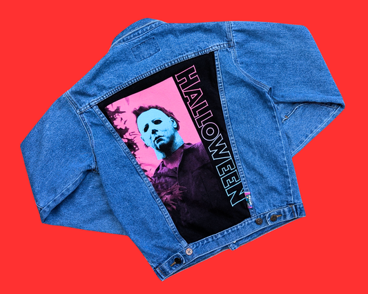 Handmade, Upcycled Halloween Denim Jacket Size XL (US 18)