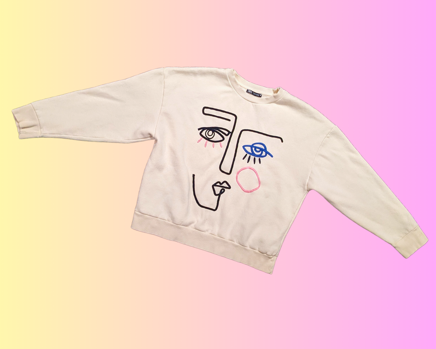 Y2K Embroidered Face, Picasso Inspired Crewneck Size M