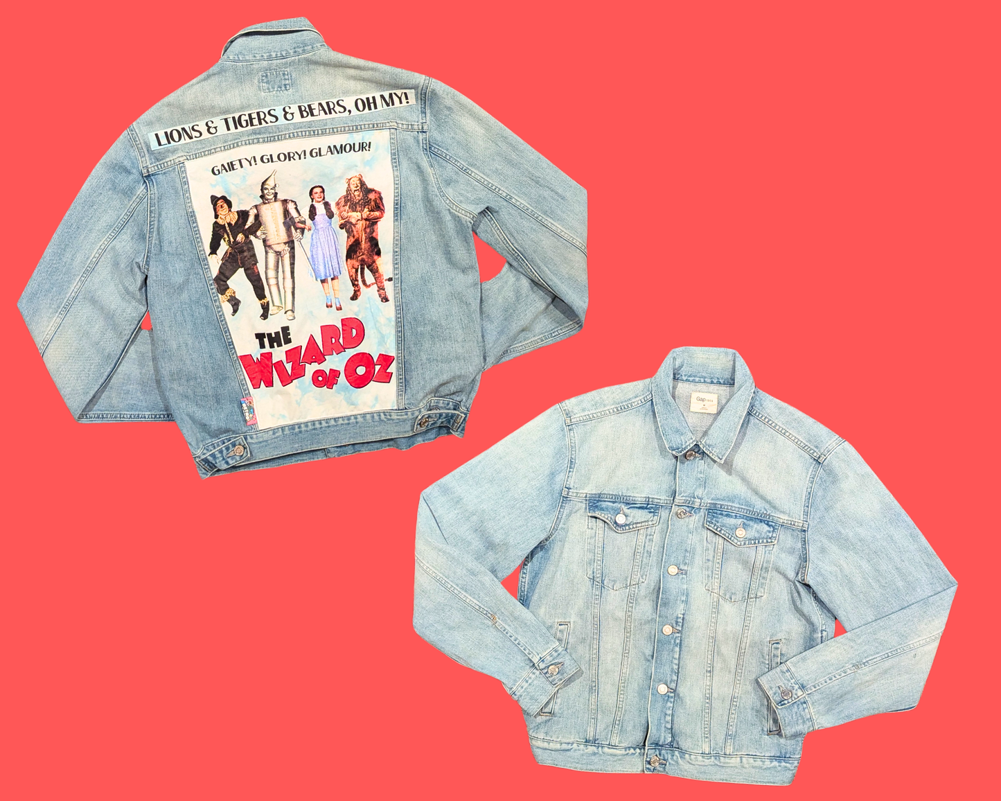 Handmade, Upcycled Denim Jacket with a Wizard of Oz T-Shirt Size M for Women