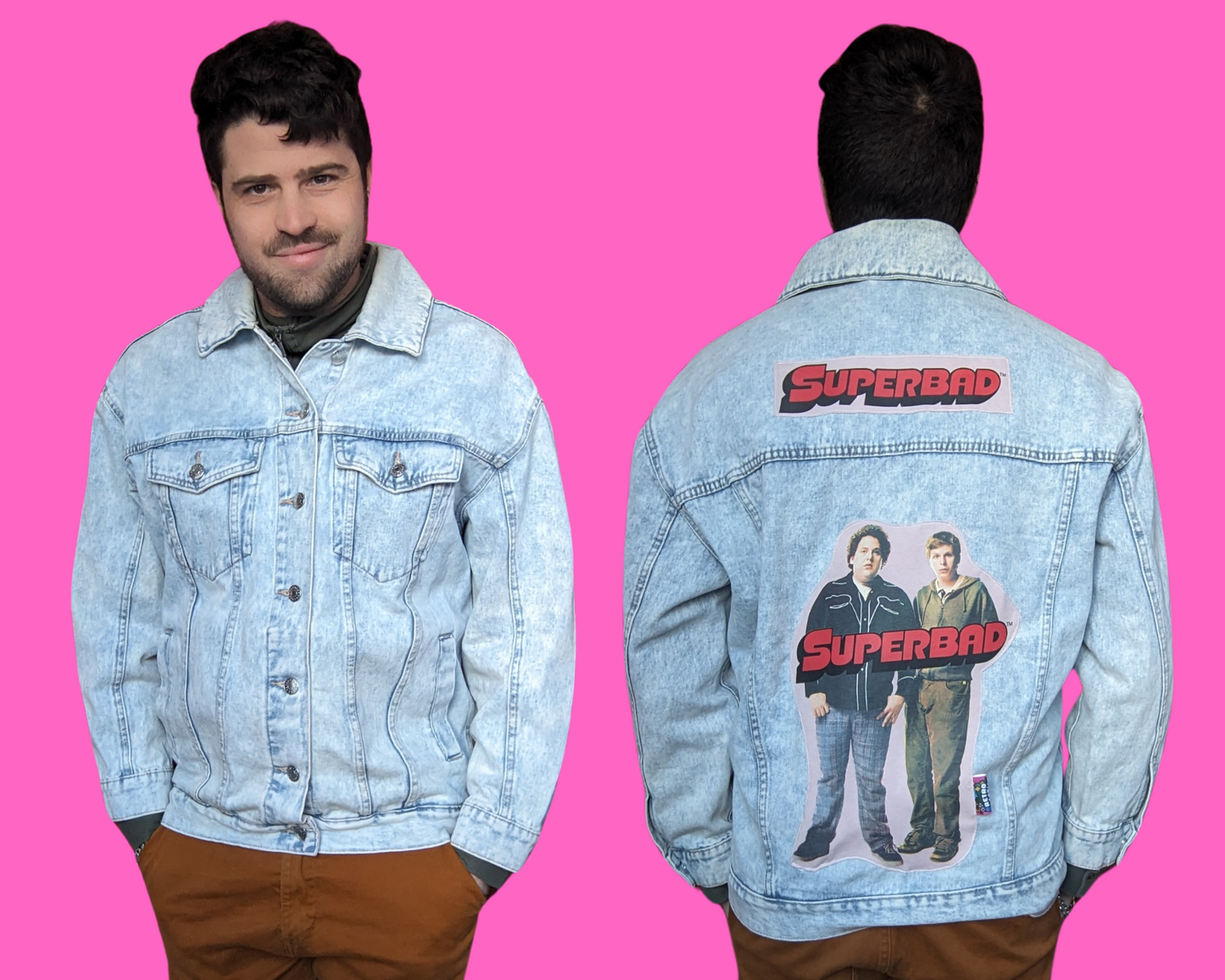 Handmade, Upcycled Superbad Denim Jacket Size M + Gifted DVD Notebook