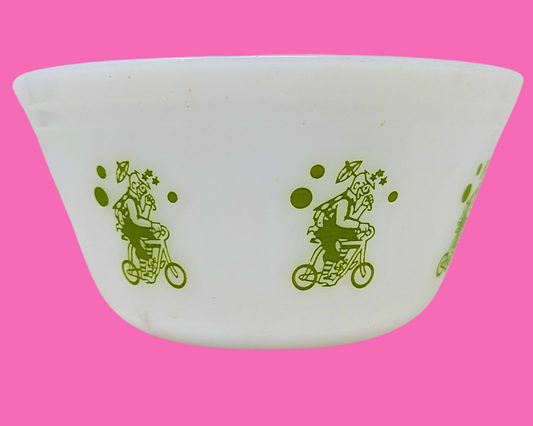 Bol blanc et vert vintage des années 1970, illustrations de clowns à vélo
