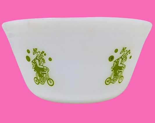 Bol blanc et vert vintage des années 1970, illustrations de clowns à vélo