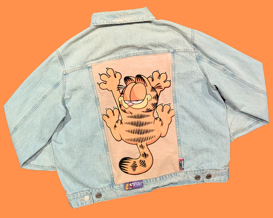 Handmade, Upcycled Garfield T-Shirt Denim Jacket Size S