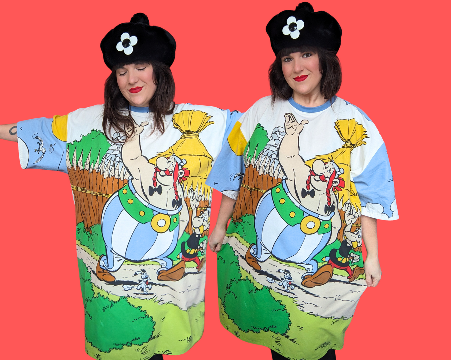 Handmade, Upcycled Vintage 1999 RARE Astérix & Obélix Bedsheet T-Shirt Dress Size 2XL
