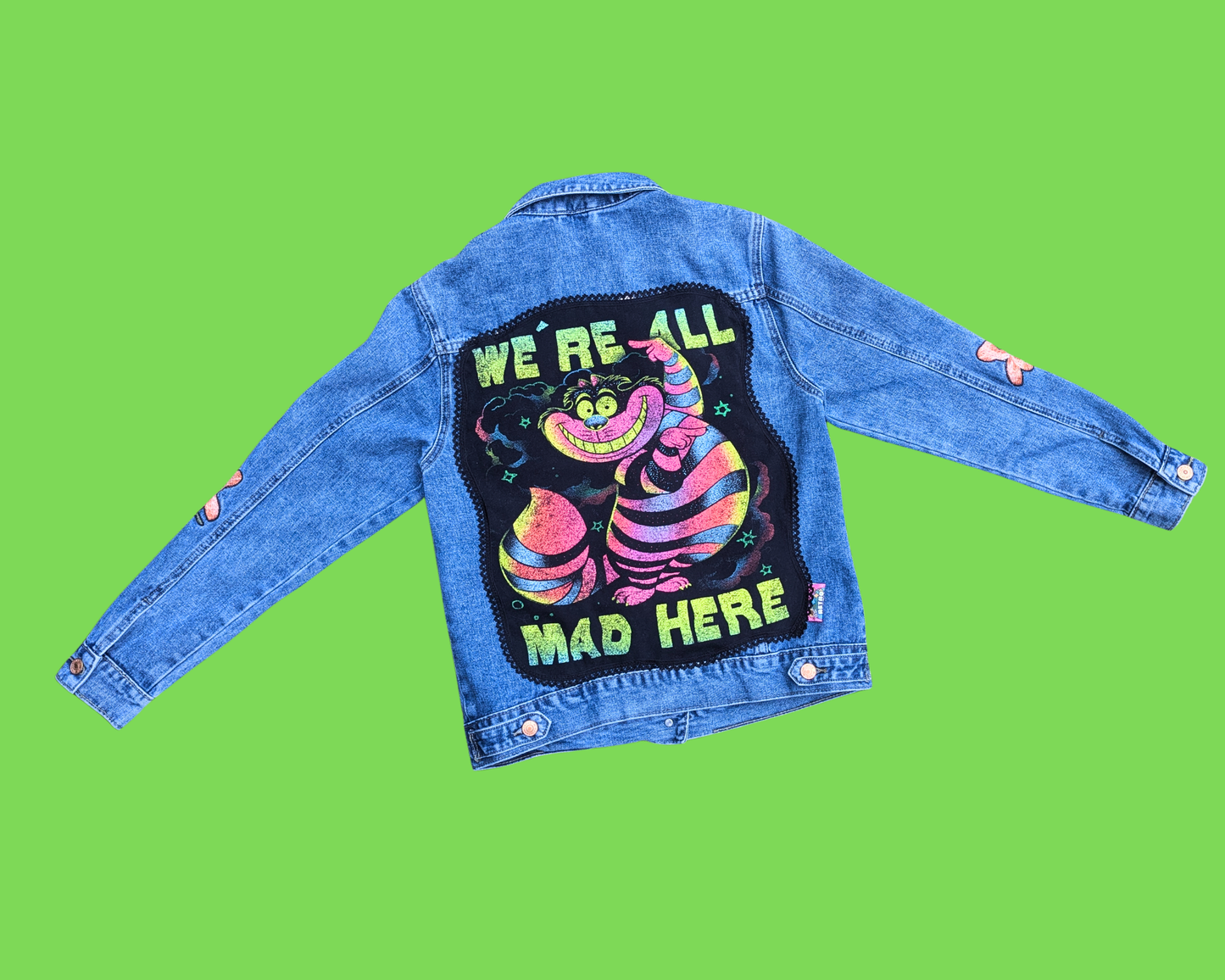 Handmade, Upcycled Cheshire Cat from Alice in Wonderland Denim Jacket Size 8 (M)
