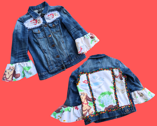 Handmade, Upcycled Denim Jacket Patched Up with Bedsheets Scraps of Pound Puppies Size S-M