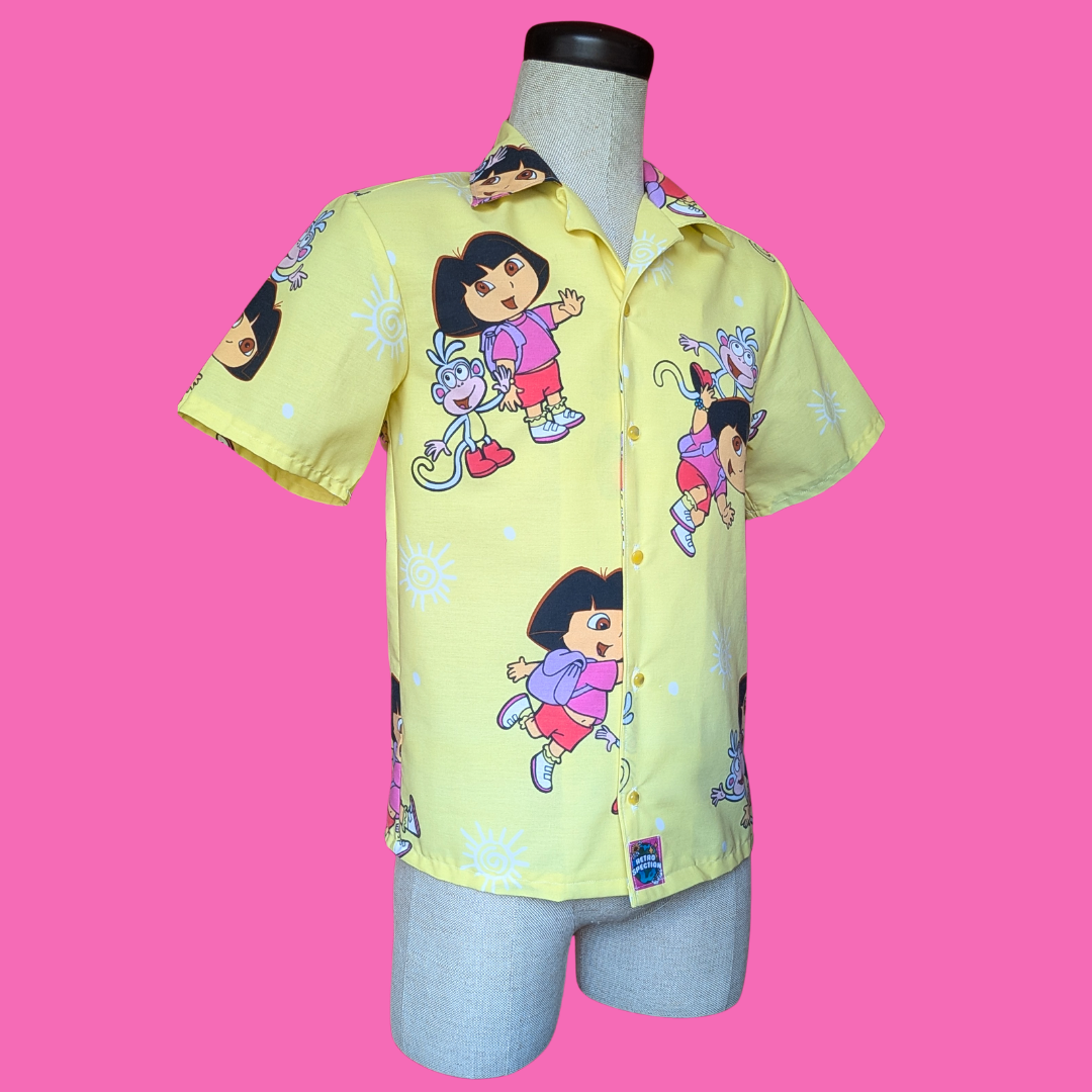 Handmade, Upcycled Dora the Explorer Bedsheet Button Down Shirt Size XS