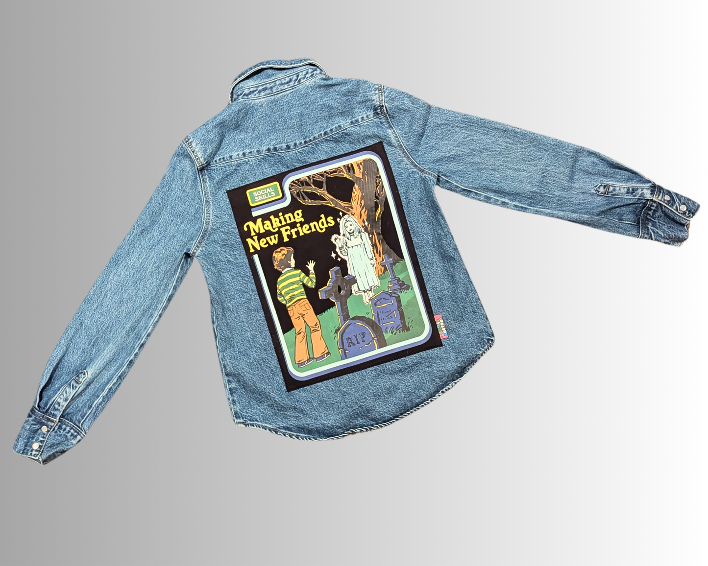 Handmade, Upcycled Social Skills, Making New Friends Steven Rhodes Denim Jacket Size XS