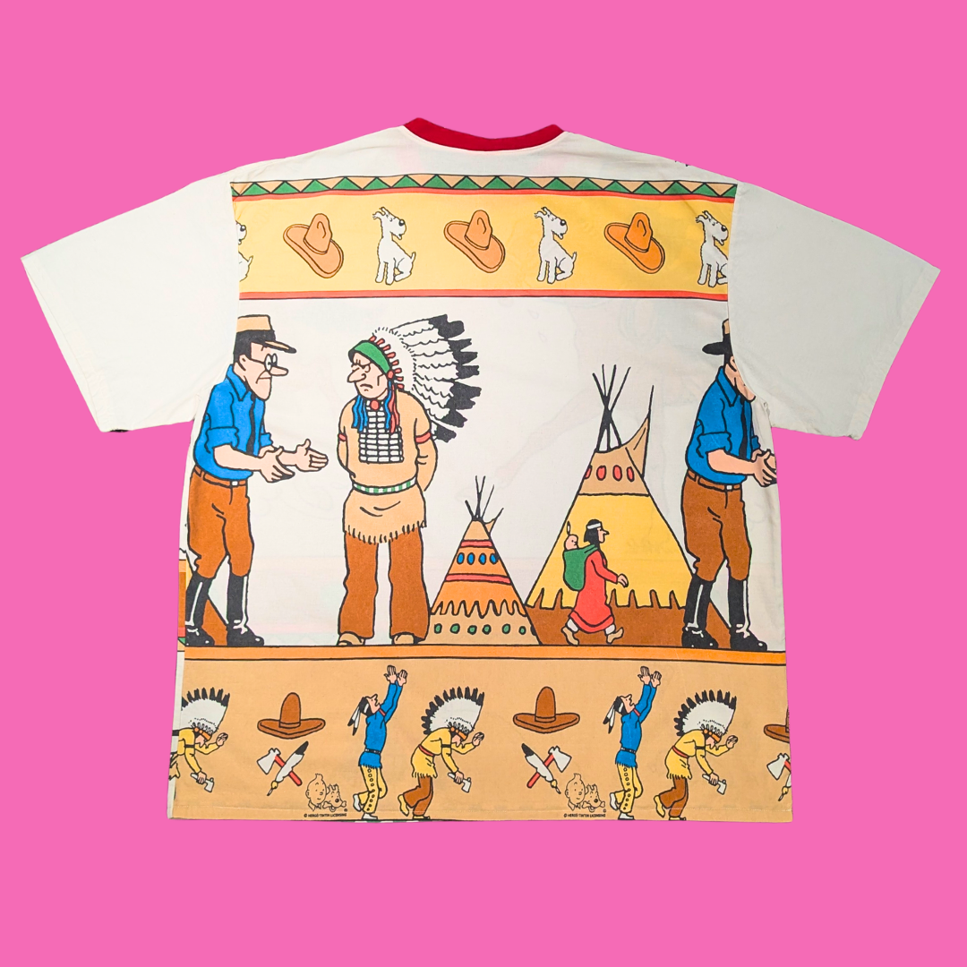 Handmade, Upcycled Tintin Bedsheet T-Shirt Oversized L-XL, Fitted 2XL