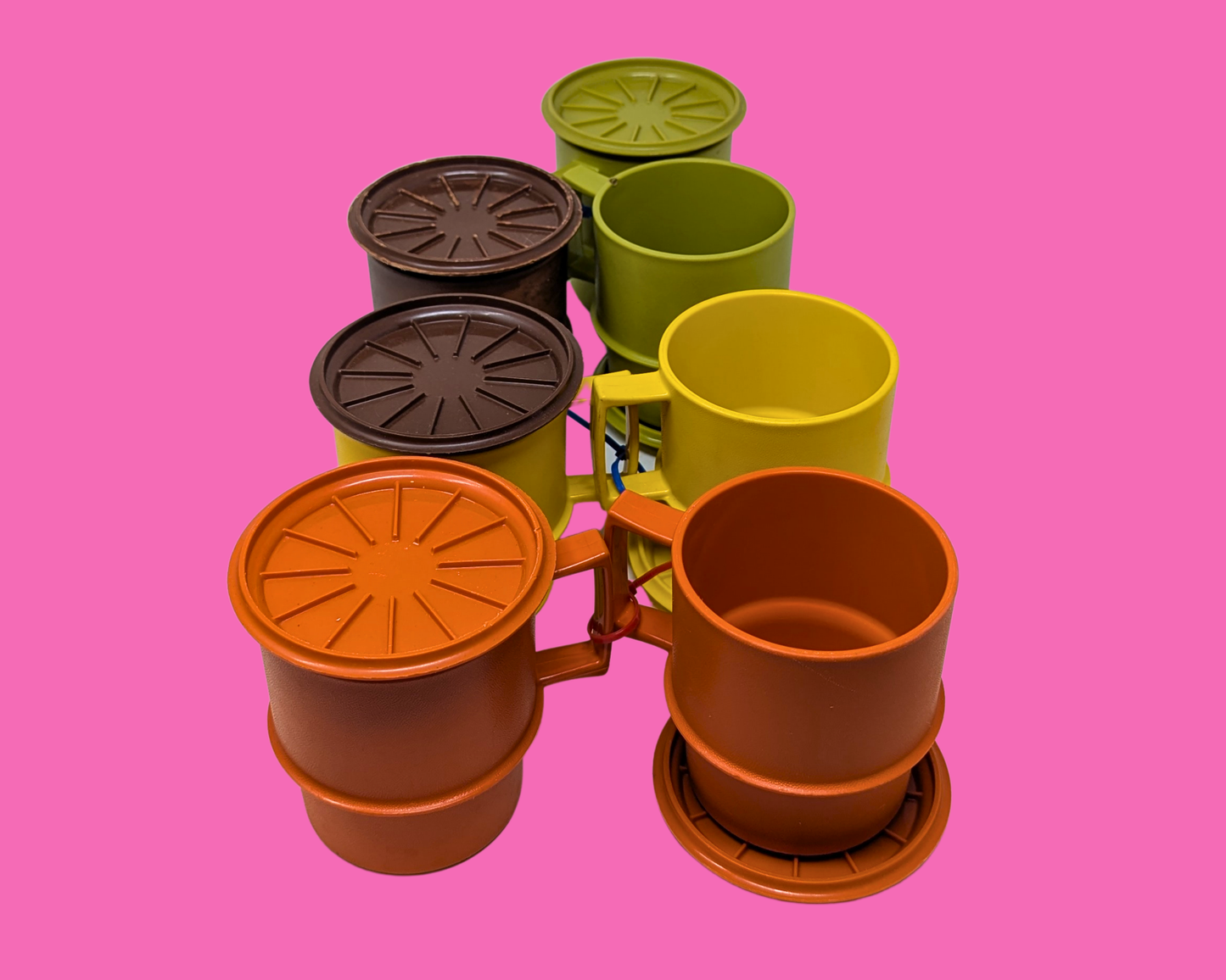 Vintage 1980's Set of 7 Tupperware Plastic Cups with Covers, Sold Together