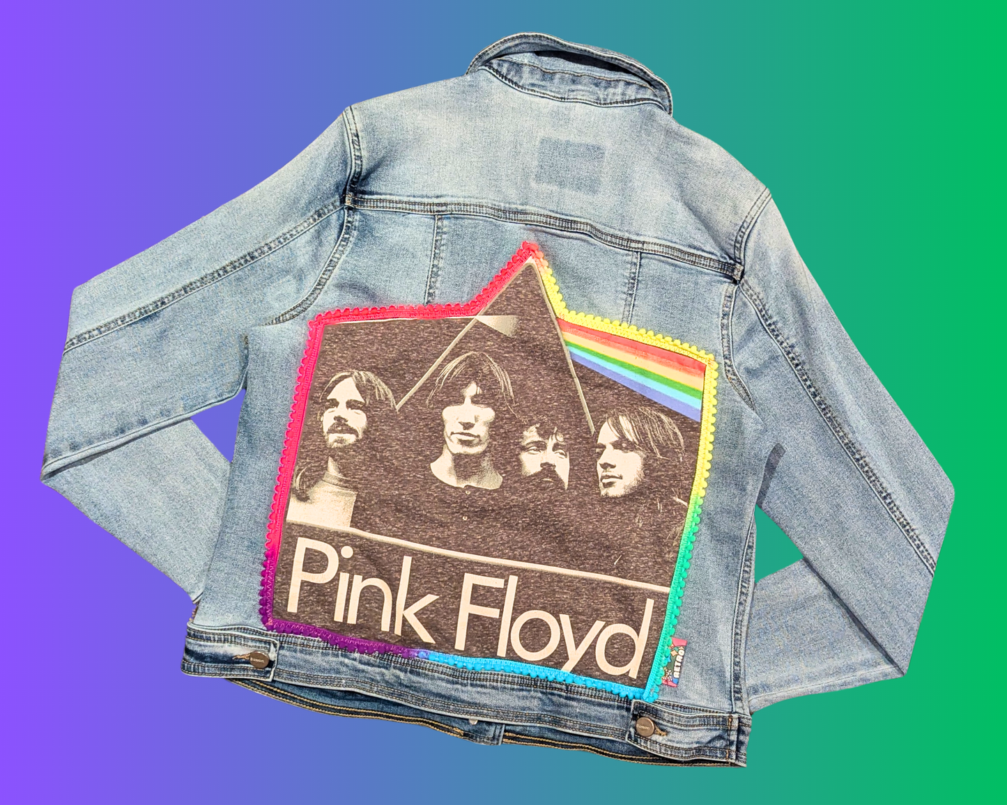 Veste en jean Pink Floyd, The Dark of the Moon, fabriquée à la main et recyclée, taille XL, mais convient à une taille plus petite