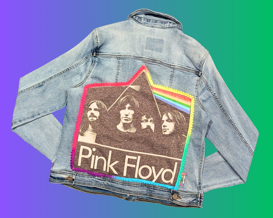 Veste en jean Pink Floyd, The Dark of the Moon, fabriquée à la main et recyclée, taille XL, mais convient à une taille plus petite