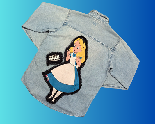 Handmade, Upcycled Alice in Wonderland Denim Shirt Size M-L