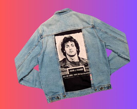 Handmade, Upcycled Rambo, Sylvester Stallone Denim Jacket Size L