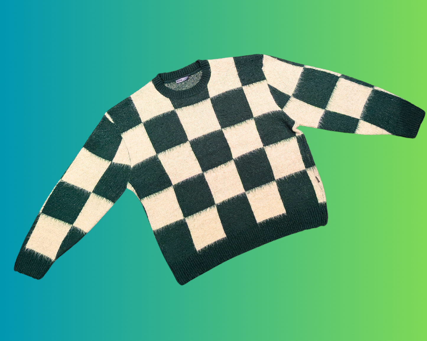 Y2K Green and White, Fluffy, Checkers Pattern Sweater Size XL