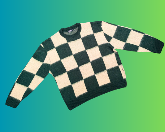 Pull à carreaux vert et blanc, duveteux, style années 2000, taille XL