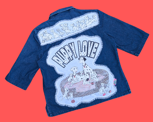 Handmade, Upcycled Puppy Love, 101 Dalmatians, Denim Jacket Size L