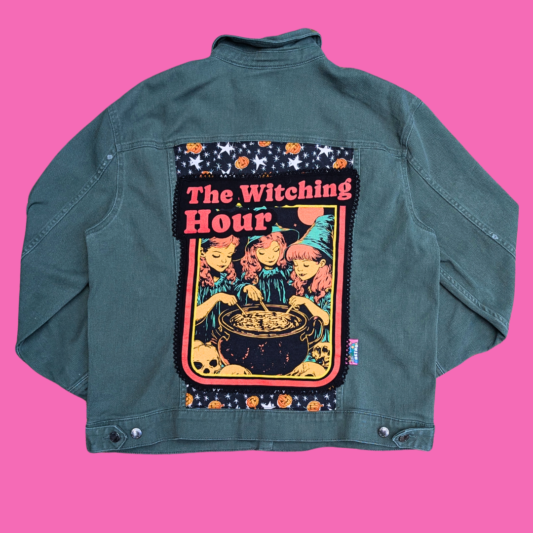 The Witching Hour Upcycled T-Shirt Green Denim Jacket Size XL for Women