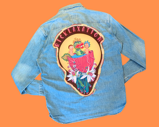 Veste en jean léger Ricklaxation Rick et Morty faite à la main et recyclée, taille L
