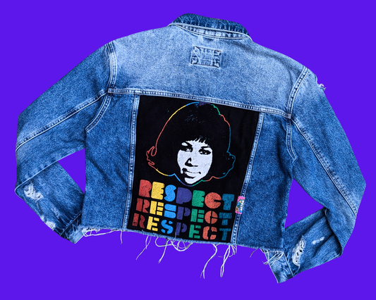 Handmade, Upcycled Aretha Franklin Respect Denim Jacket Size M