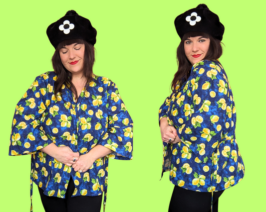 Nappe kimono faite main et recyclée aux citrons célestes, convient à toutes les tailles jusqu'à XL