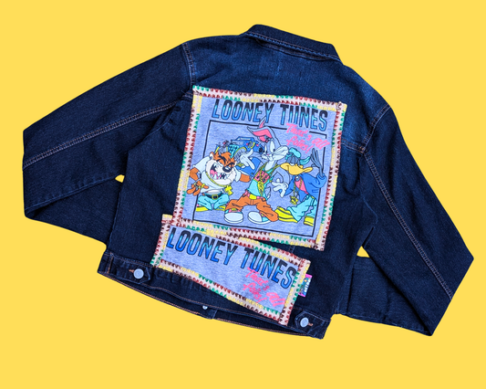 Veste en jean « Looney Tunes » faite main et recyclée, taille L