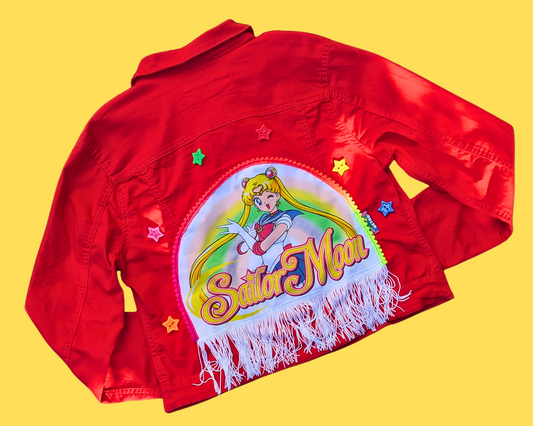 Handmade, Upcycled Sailor Moon Red Denim Jacket Size M
