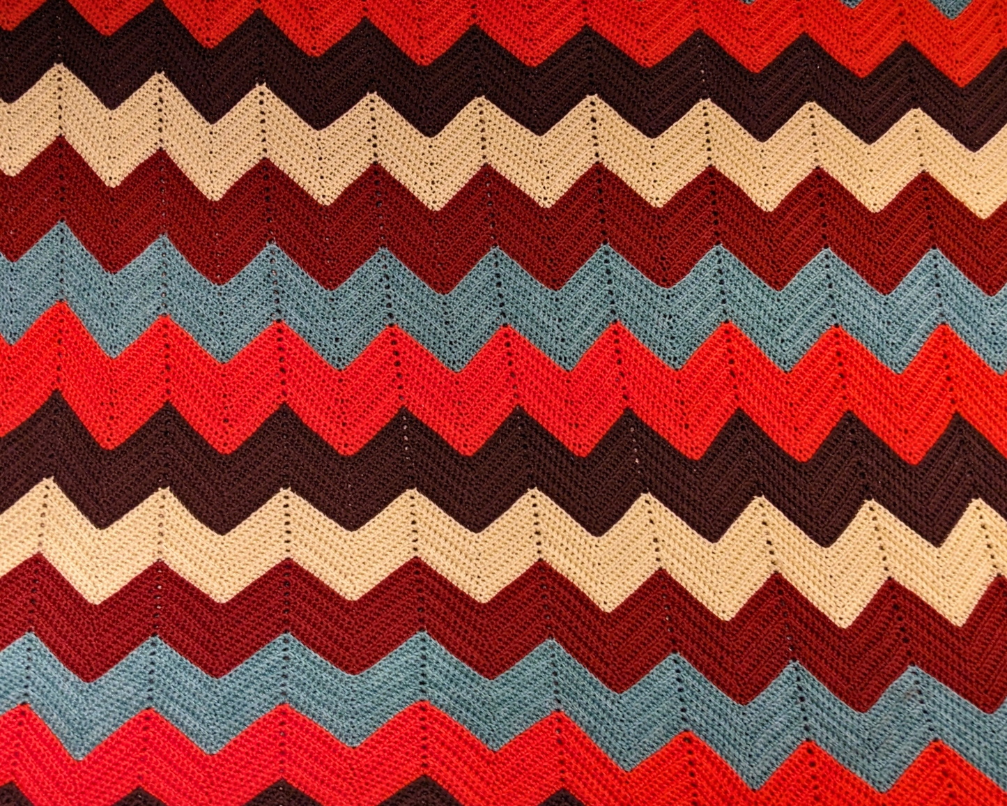 Vintage 1980's Orange, Brown, Green and Yellow Wool Huge Crochet Blanket
