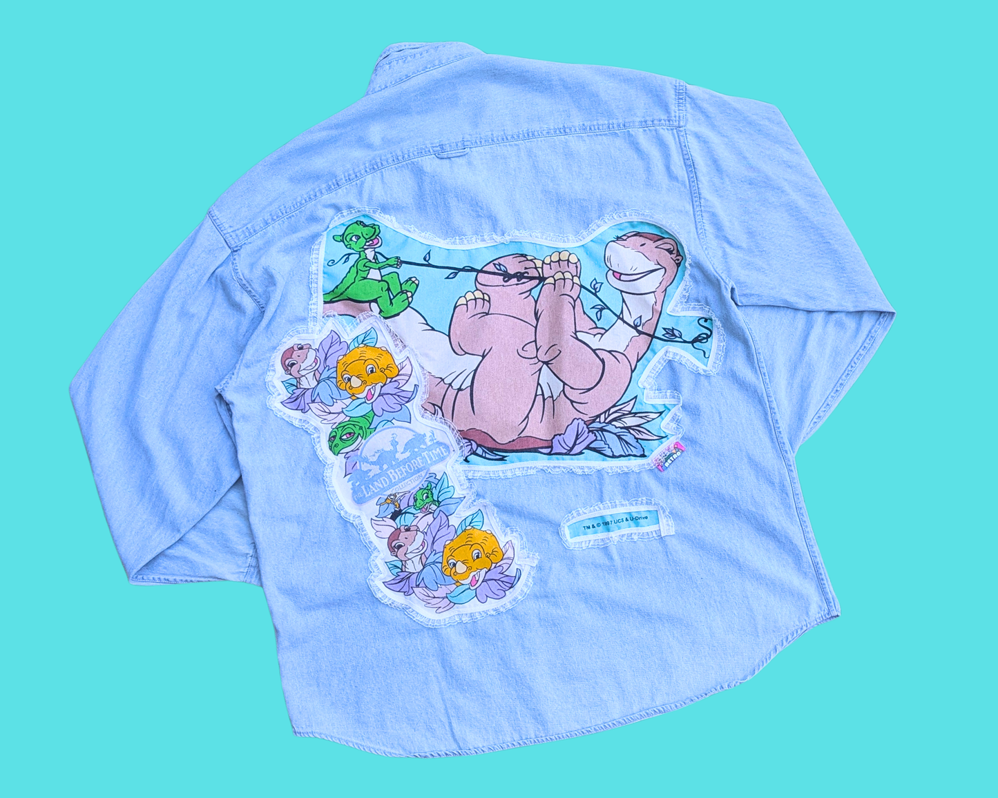 Chemise/veste en jean The Land Before Time, fabriquée à la main et recyclée, taille 2XL