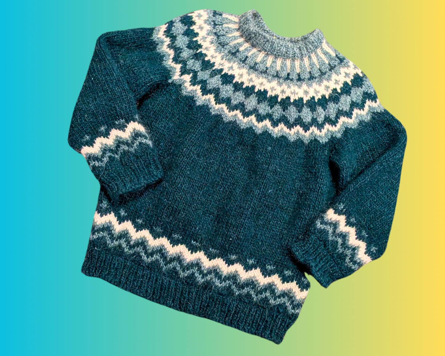 Vintage 1990's Genuine Wool, Hand Knit Green and White Sweater Size M