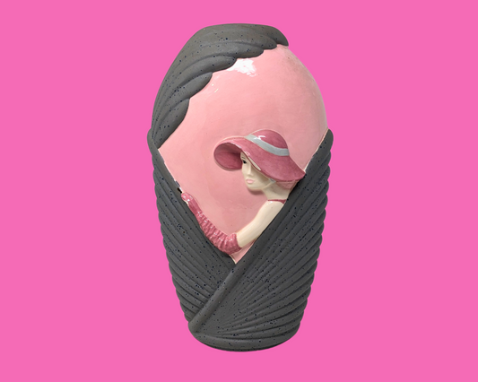 Vase en céramique vintage des années 1980, Dame au chapeau rose