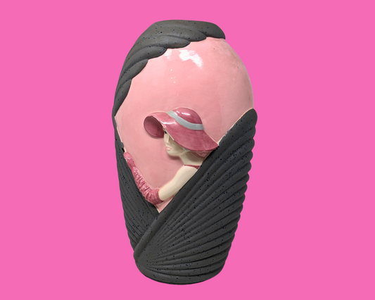 Vase en céramique vintage des années 1980, Dame au chapeau rose