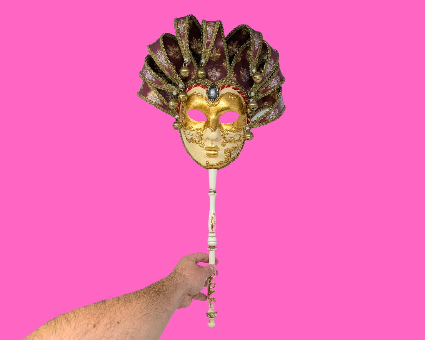 Masque vénitien authentique avec bâton, fabriqué en Italie