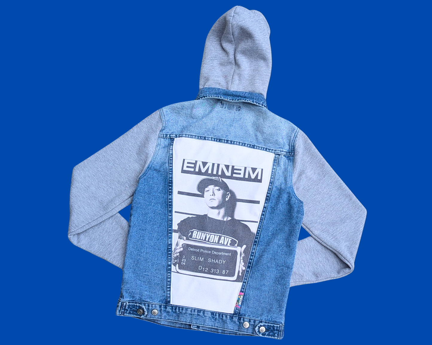 Handmade, Upcycled Eminem Denim Jacket with Hoodie Size S