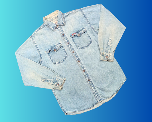 Handmade, Upcycled Alice in Wonderland Denim Shirt Size M-L