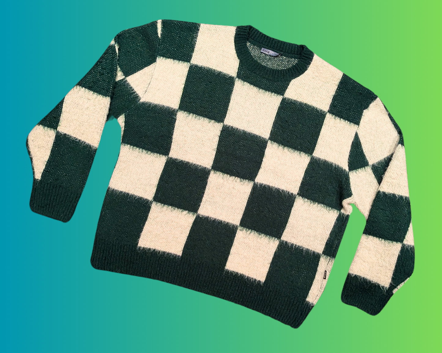 Y2K Green and White, Fluffy, Checkers Pattern Sweater Size XL