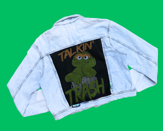 Veste en jean Oscar The Grouch, Sesame Street, faite à la main et recyclée, taille XL