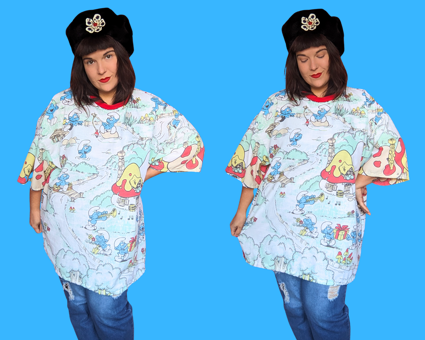 Handmade, Upcycled The Smurfs Bedsheet T-Shirt Oversized XL