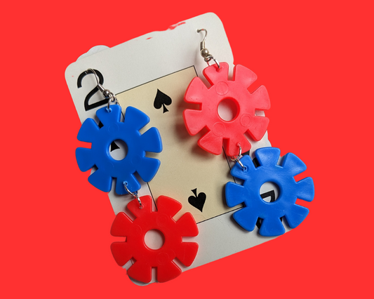 Handmade, Upcycled Plastic Circular Red and Blue Dangle Earrings