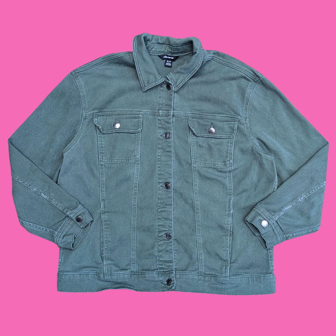 The Witching Hour Upcycled T-Shirt Green Denim Jacket Size XL for Women