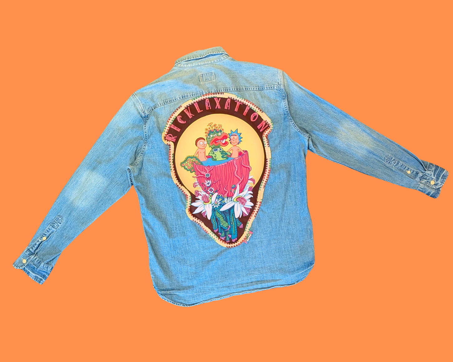 Veste en jean léger Ricklaxation Rick et Morty faite à la main et recyclée, taille L