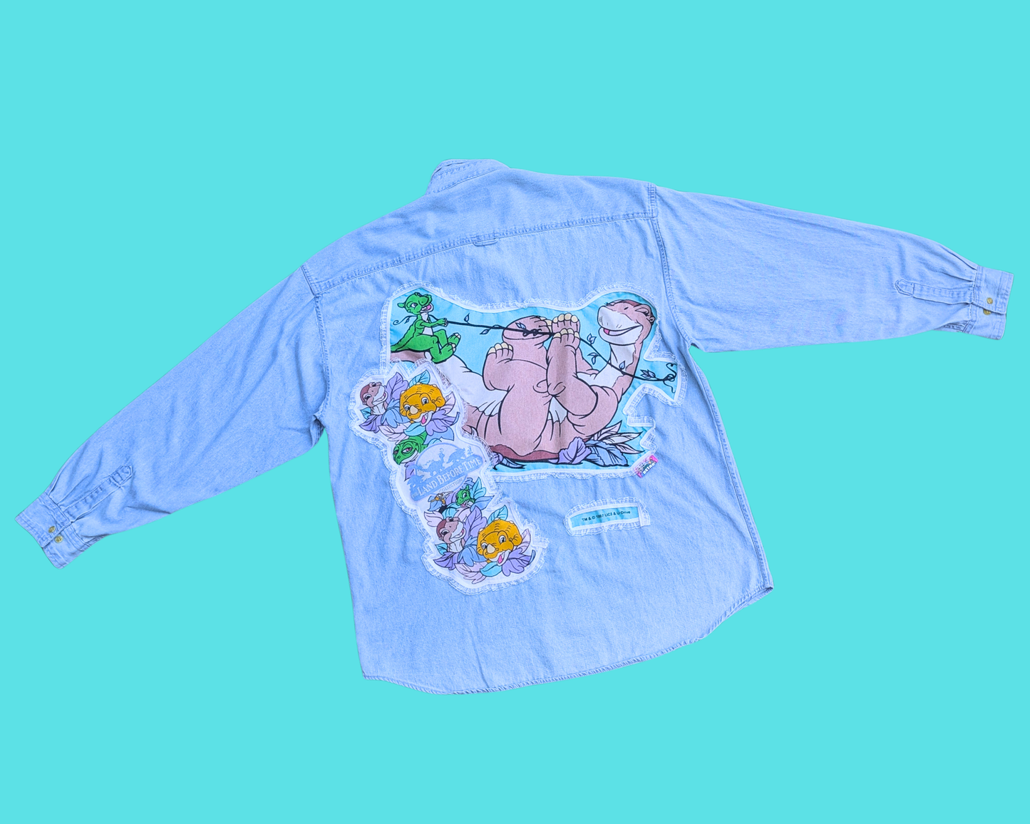 Chemise/veste en jean The Land Before Time, fabriquée à la main et recyclée, taille 2XL