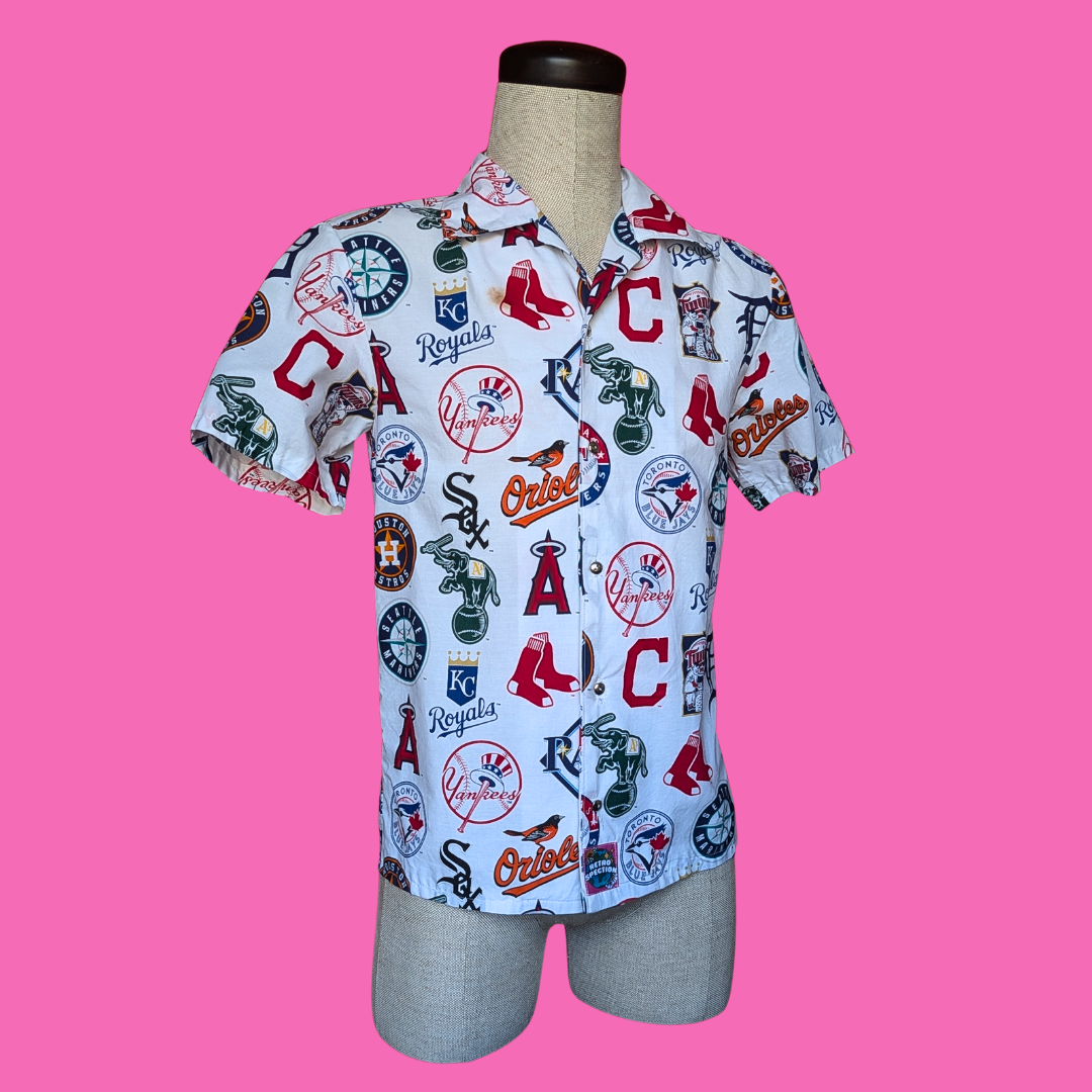Handmade, Upcycled Baseball Teams Bedsheet Button Down Shirt Size XS