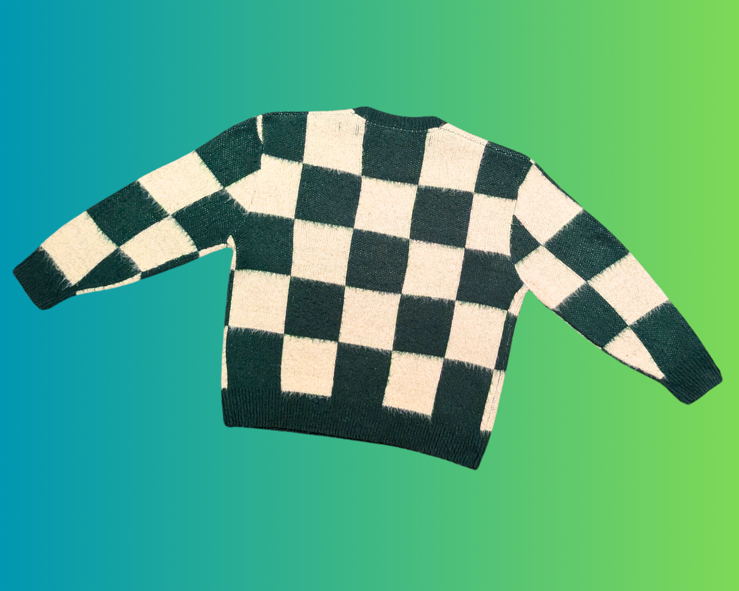 Y2K Green and White, Fluffy, Checkers Pattern Sweater Size XL